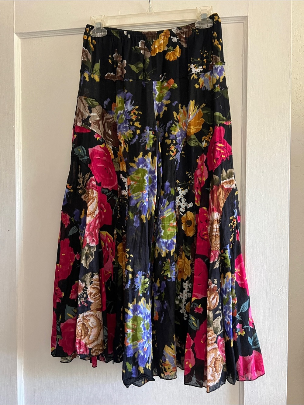 Black Floral Wide Leg Cotton Skirt Pants with Vibrant Multicolor Blooms